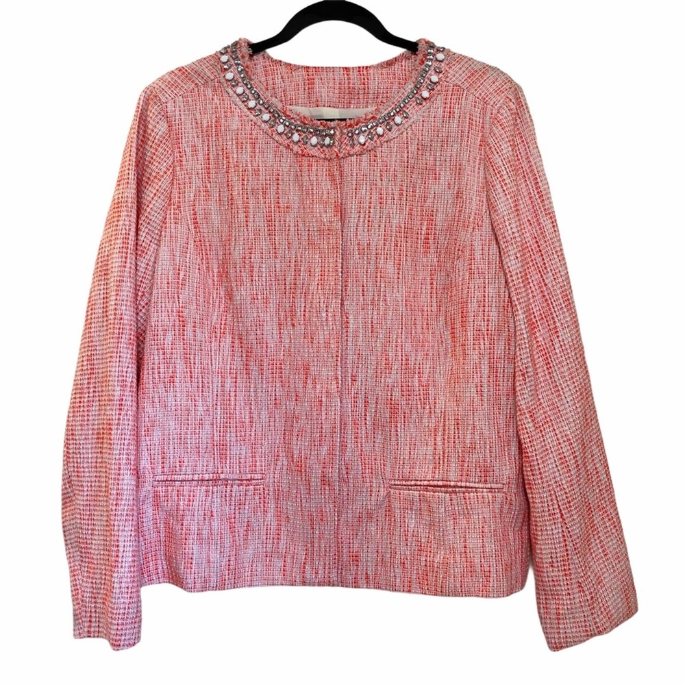 NYDJ Tweed Rhinestone Orange Blazer Jacket size L NEW NWT